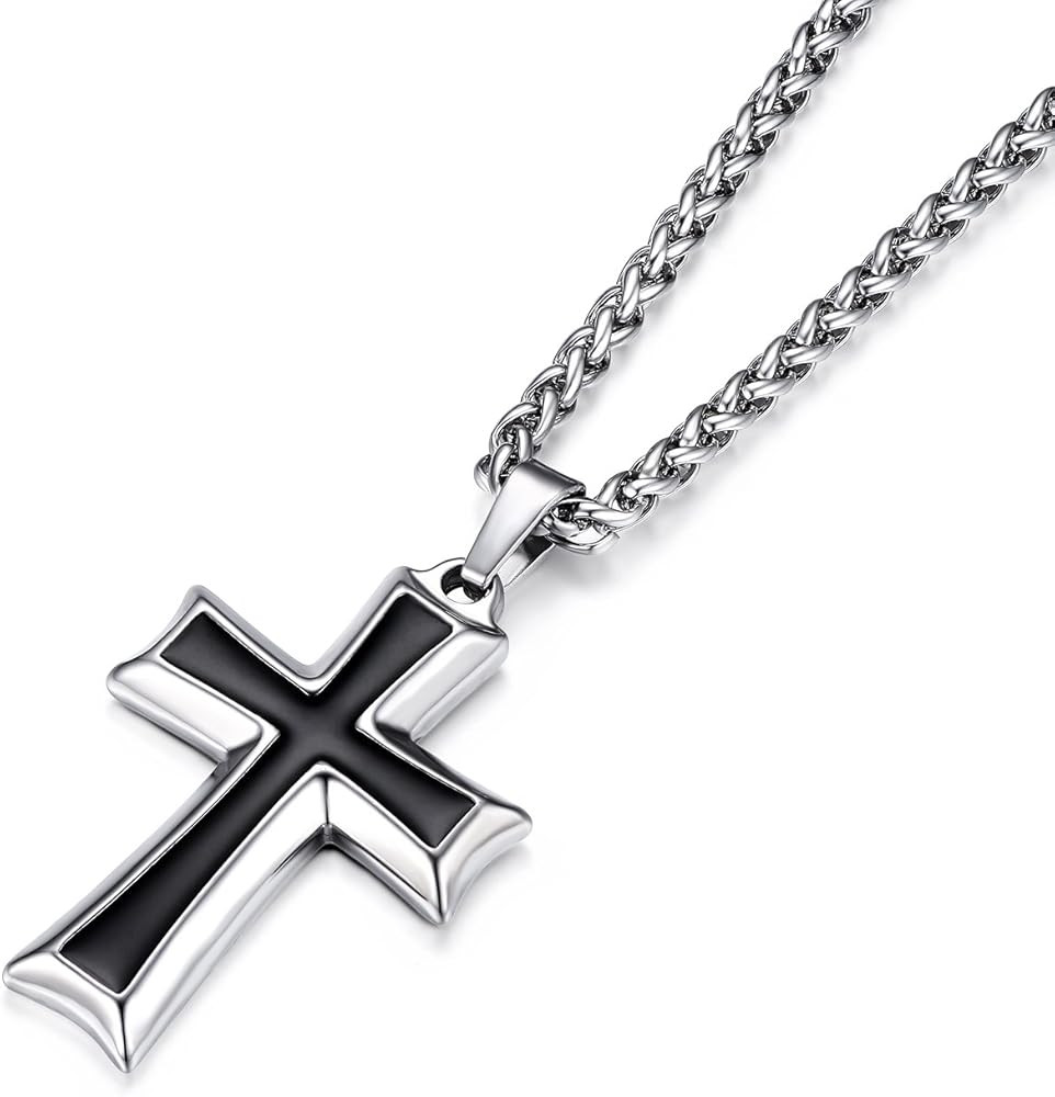 HZMAN Mens Stainless Steel Cross Pendant Necklace with Wheat Chain | Amazon (US)