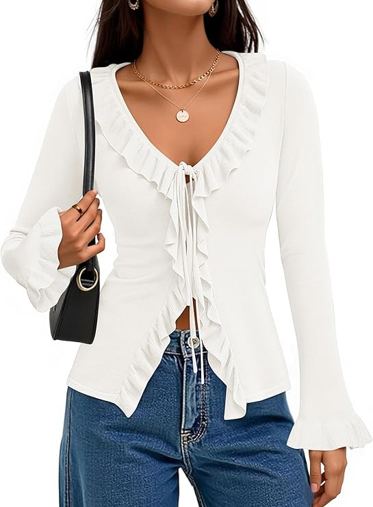 ZESICA Womens 2026 Fall Tie Front Bow Cardigan Sweaters Long Bell Sleeve V Neck Ruffled Knit Crop... | Amazon (US)