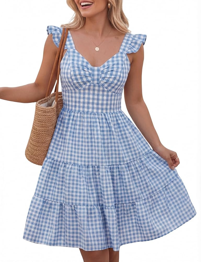 FOMELY Gingham Dress Women Cotton V Neck Ruffle Hem Checkered Casual Vacation Gingham Smocked Sum... | Amazon (US)