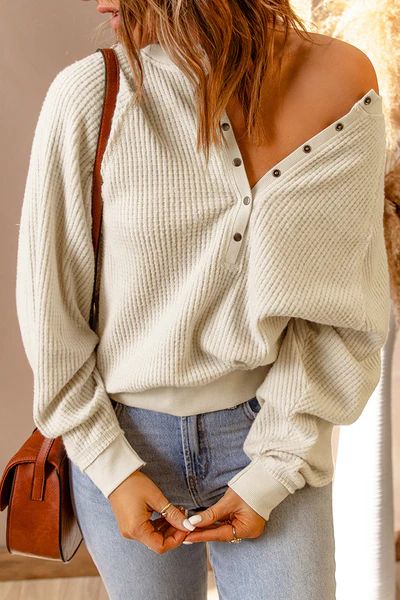 Snap Button V-Neck Waffle Knit Sweaters | Evaless