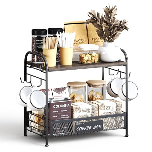 Coffee Bar Organizer for Countertop Station, Simple Assembly 2 Tier Shelf for Home,Office, Coffee Cup Holder Storage Organization for Counter Accessory Storage Rack with 4 Hooks Space-Saving | Amazon (US)