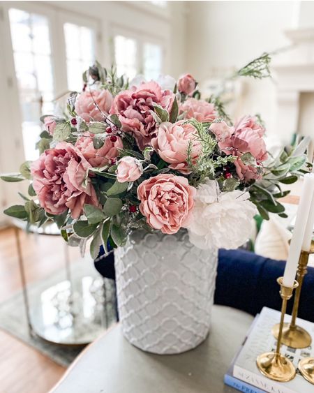 Valentine’s Day floral arrangement with faux snowy pink and white peonies and snowy eucalyptus  

#LTKhome #LTKSeasonal #LTKstyletip