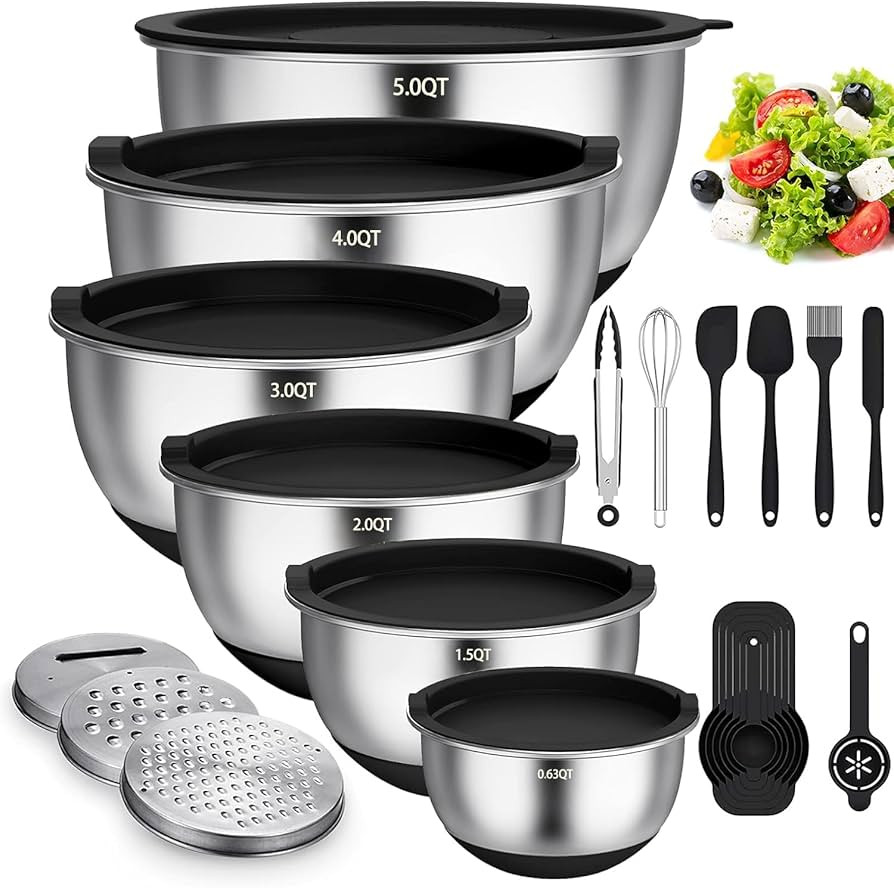 Terlulu Rührschüssel 6er Set, Edelstahl Schüssel Salatschüssel Set mit Deckel & Silikonboden,... | Amazon (DE)