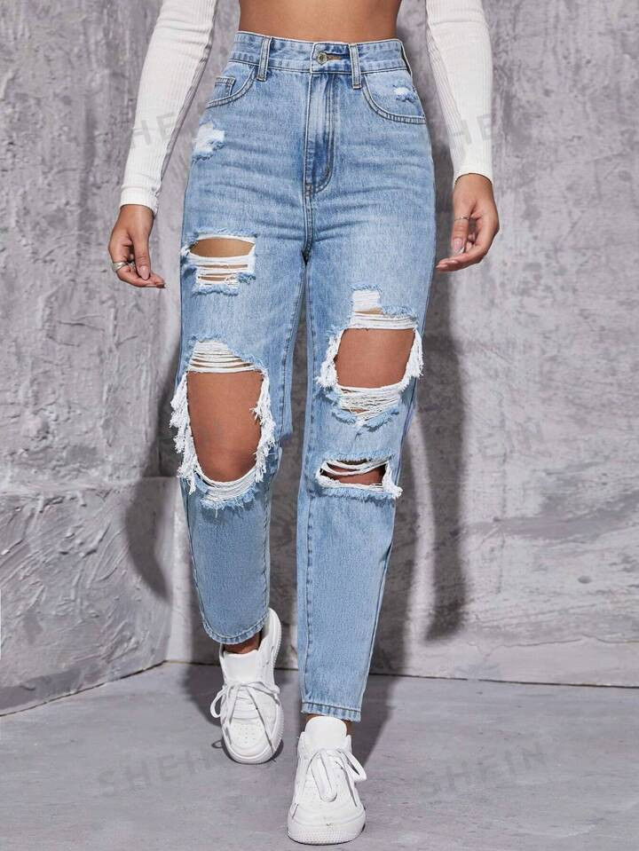 SHEIN High Waist Straight Leg Ripped Jeans | SHEIN