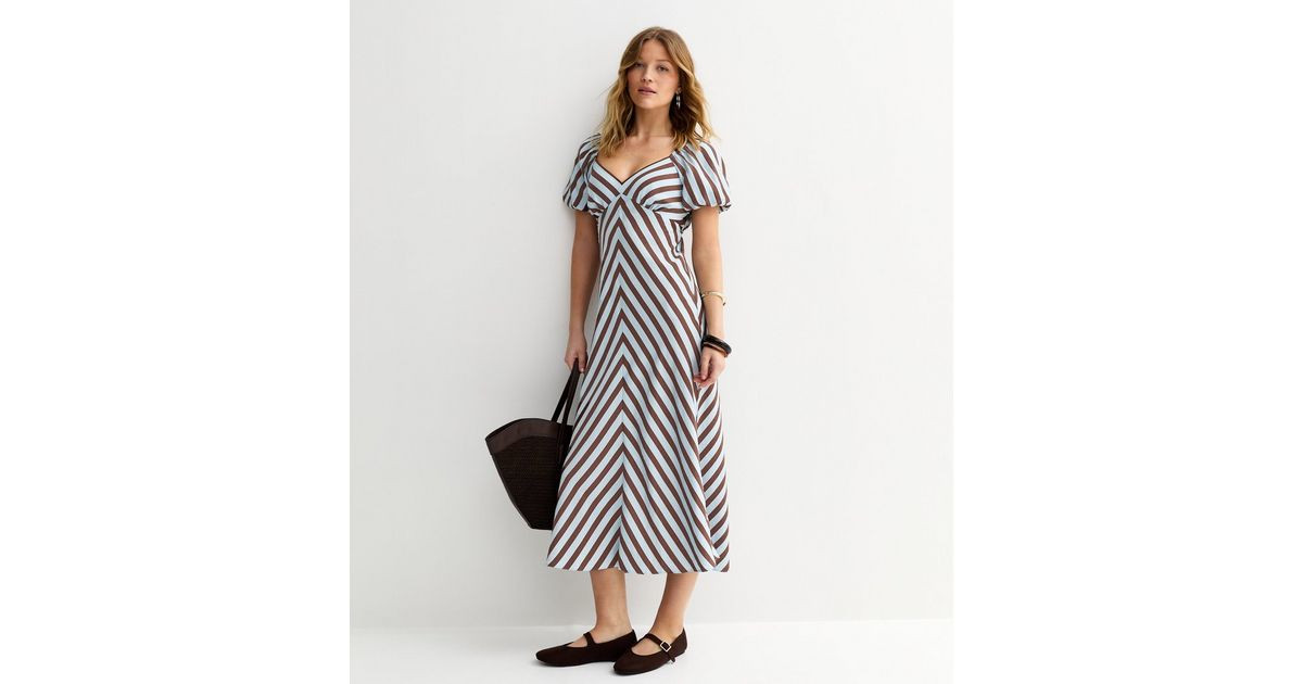 Blue Contrast Stripe Puff Sleeve Midi Dress | New Look | New Look (UK)
