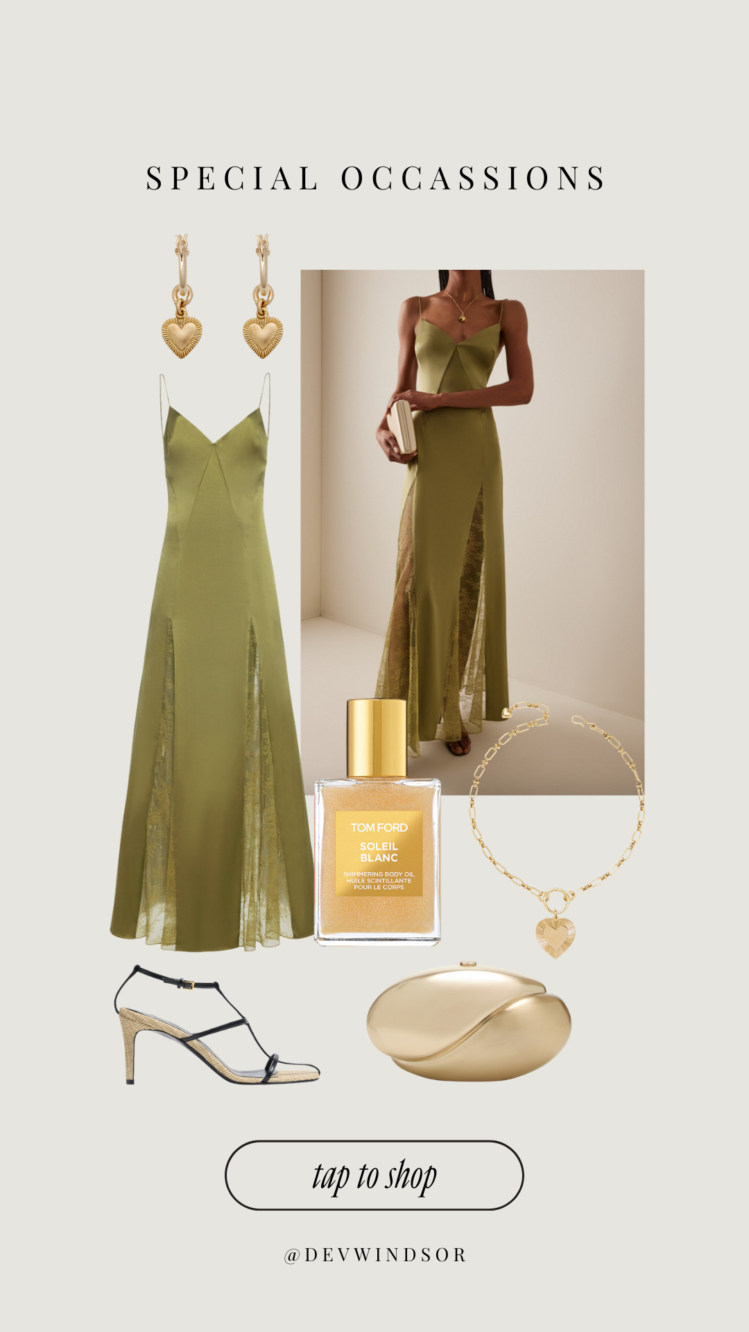 Golden hour elegance ✨ This stunning green STAUD dress is made for special occasions—paired with sleek Khaite sandals, gold jewelry, and luxe accessories for a look that turns every head. Add a touch of shimmer with Tom Ford’s Soleil Blanc and you're glowing all night. 

 

#LTKStyleTip #LTKBeauty #LTKShoeCrush