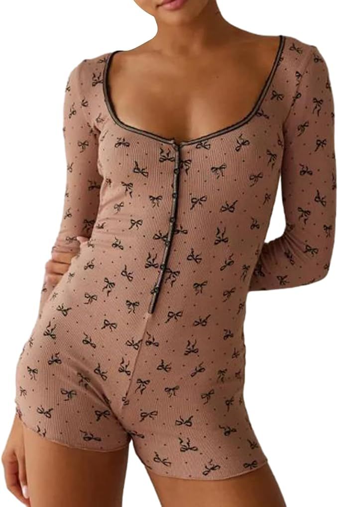 Amiblvowa Y2k Long Sleeve One Piece Pajama Romper Women Sexy Square Neck Bodycon Shorts Valentine... | Amazon (US)
