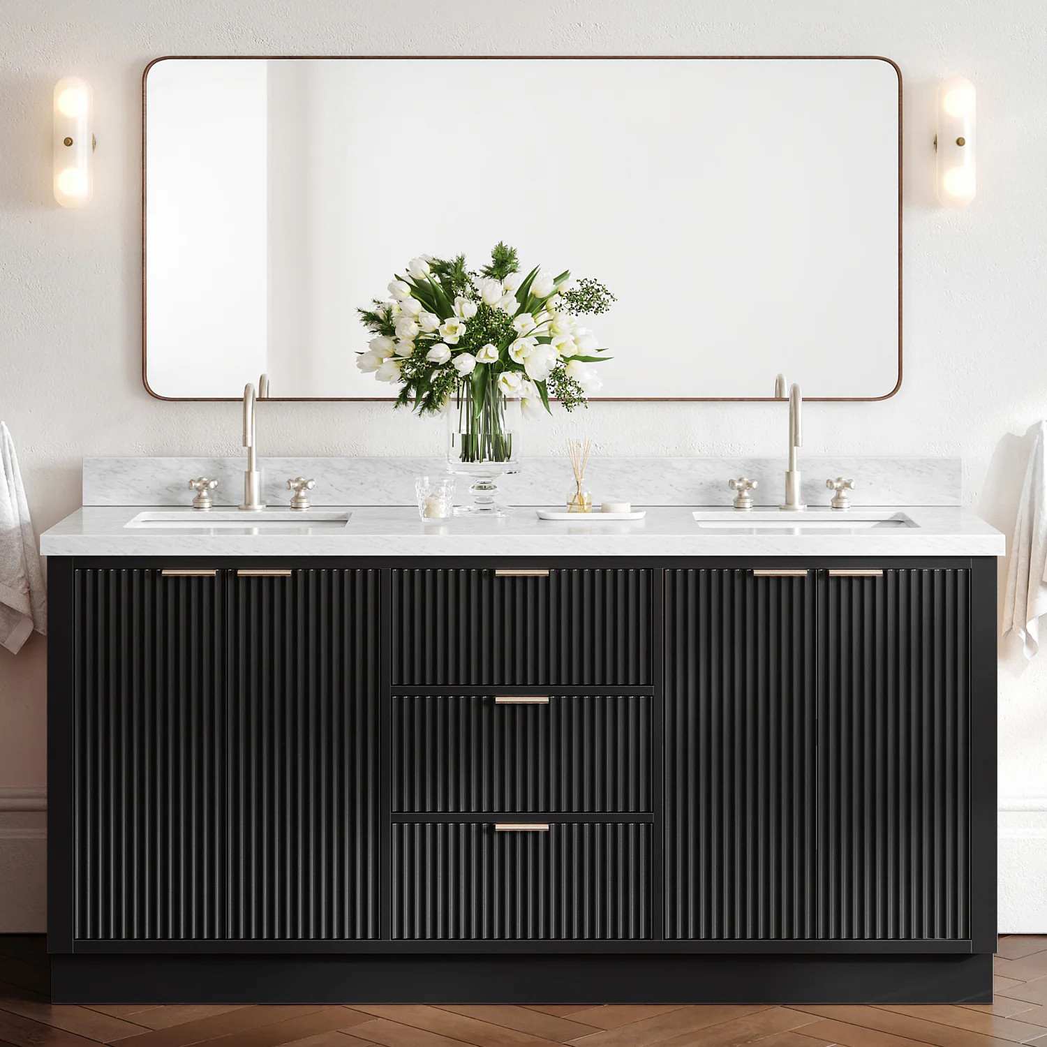 ARIEL Milan 73-in Black Undermount Double Sink Bathroom Vanity with Carrara White Marble Marble Top | P73DCWRVOBLK | Lowe's
