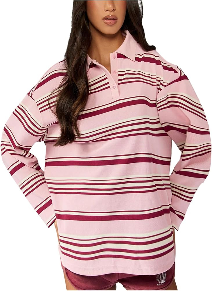 OYOANGLE Women's Oversized Striped Polo Sweatshirt Long Sleeve Rugby Collared Pullover Tops Loose... | Amazon (US)