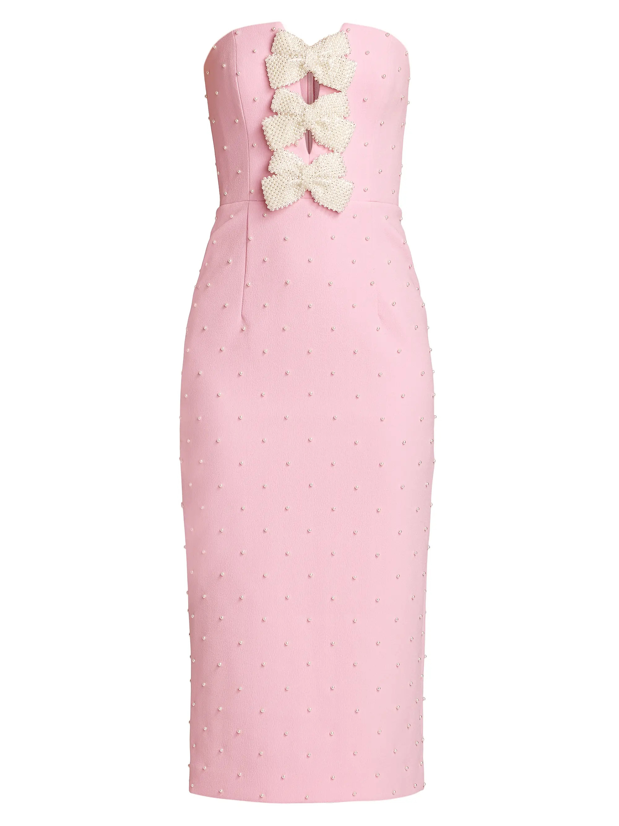 Shop Rebecca Vallance Veronica Pearl Bow Strapless Midi-Dress | Saks Fifth Avenue | Saks Fifth Avenue