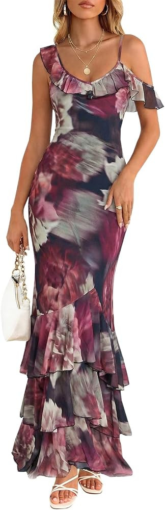 Wenrine Womens Summer Floral Maxi Dress Mesh Spaghetti Strap One Shoulder Casual Ruffle Mermaid B... | Amazon (US)