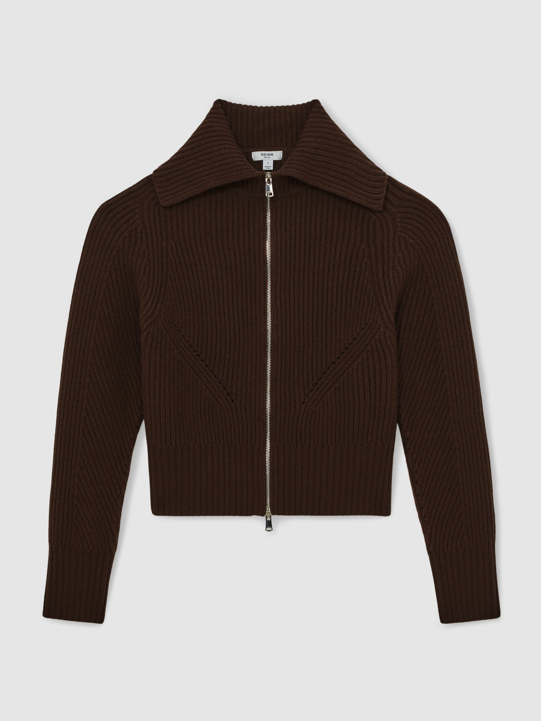 Reiss Wool Zip-Through Rib-Knit Cardigan in Chocolate Brown - REISS | Reiss UK