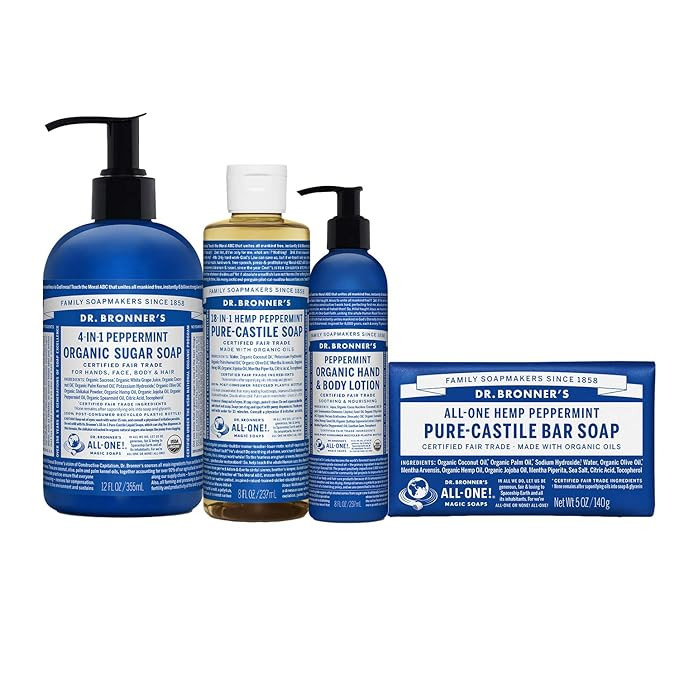 Dr. Bronner's - 4 Piece Peppermint Gift Set - (1) 12 Ounce Sugar Soap, (1) 8 Ounce Pure-Castile L... | Amazon (US)
