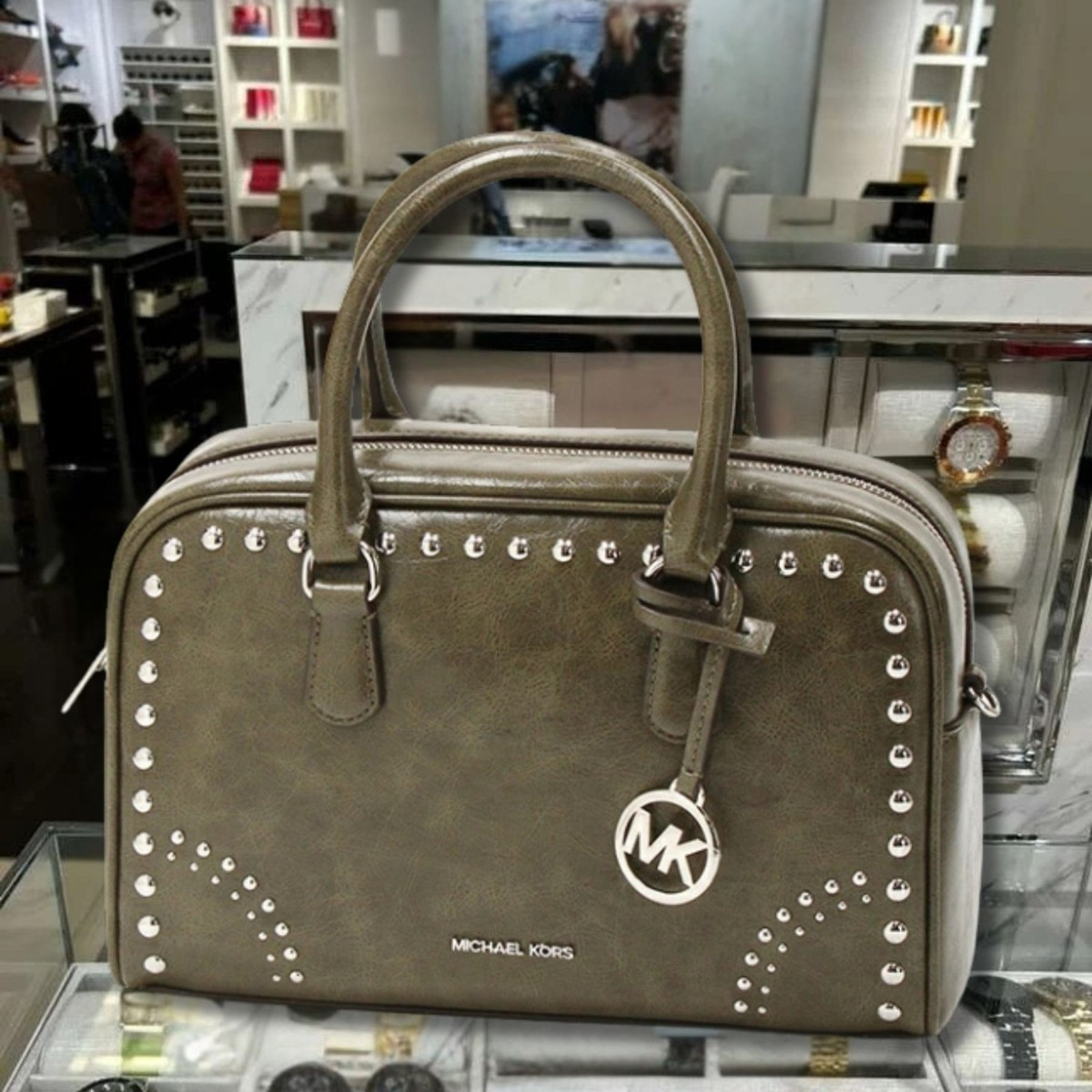 Michael Kors Thompson Women Medium Distressed Studded Duffle Satchel Bag Olive | eBay US