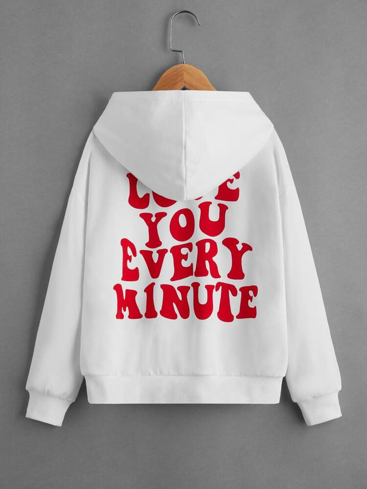 SHEIN Girls Drop Shoulder Slogan Pattern Kangaroo Pocket Hoodie | SHEIN