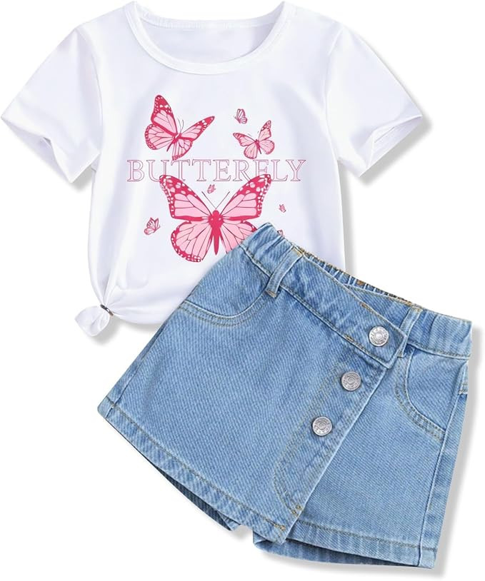 Girls Clothes 2PCS Butterfly Print Short Sleeve T-Shirt Denim Skirt Shorts Set Teen Tween Girls S... | Amazon (US)