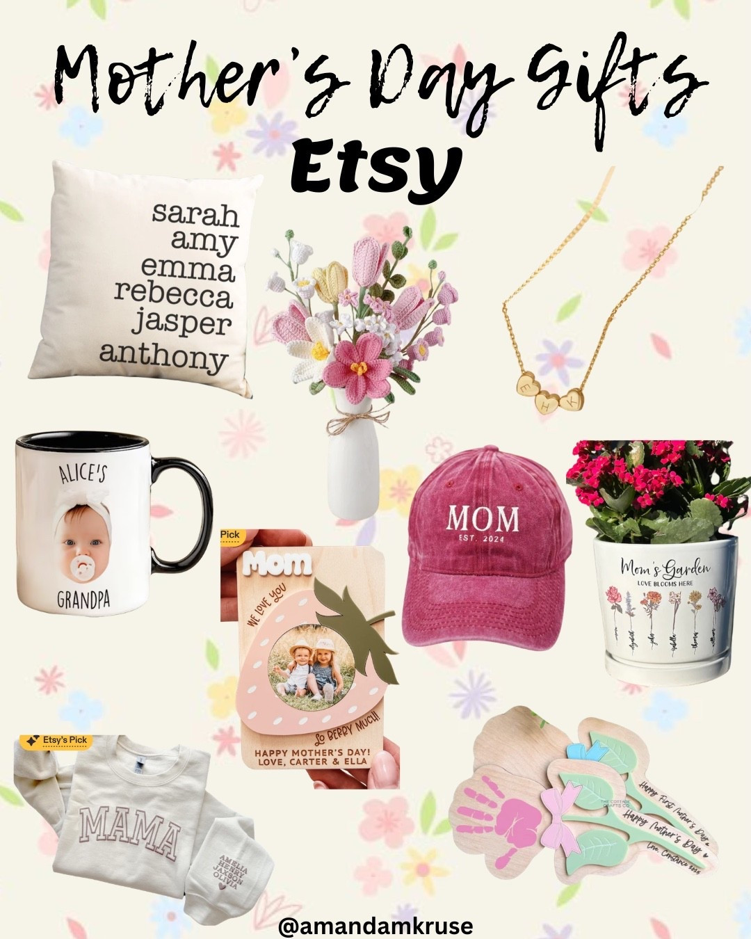 Personalized Mother’s Day gifts from Etsy! 

Customized gifts, personalized gifts, gifts for mom, name pillow, crochet flower bouquet, charm necklace, name necklace, customized coffee mug, mom hat, mama sweatshirt 

#LTKMothersDay #LTKmomlife #LTKHome