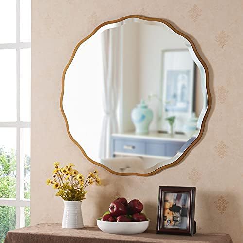 MOTINI 32" Round Beveled Mirrors Wall Mounted Gold Flower-Like Irregular Frame Decorative Mirror ... | Amazon (US)