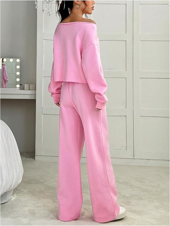 SOLY HUX Women's 2 Piece Outfits Fall Sweatsuits Off The Shoulder Crop Top Wide Leg Sweatpants Ca... | Amazon (US)