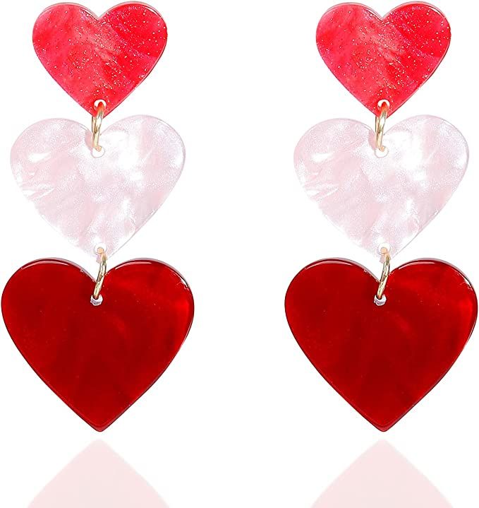 Pink Heart Earrings for Women Valentine's Day Earrings for Girls Layered Heart Dangle Earrings Re... | Amazon (US)