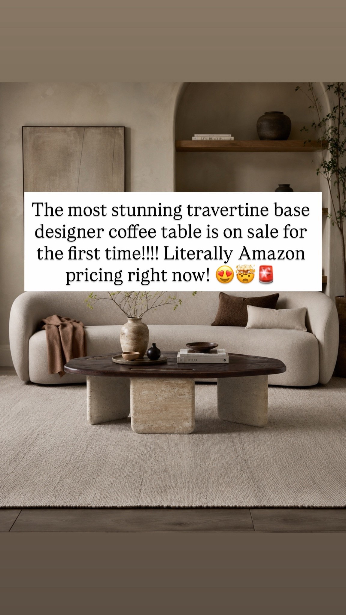 The most stunning travertine base designer coffee table is on sale for the first time!!!! Literally Amazon pricing right now! 😍🤯🚨