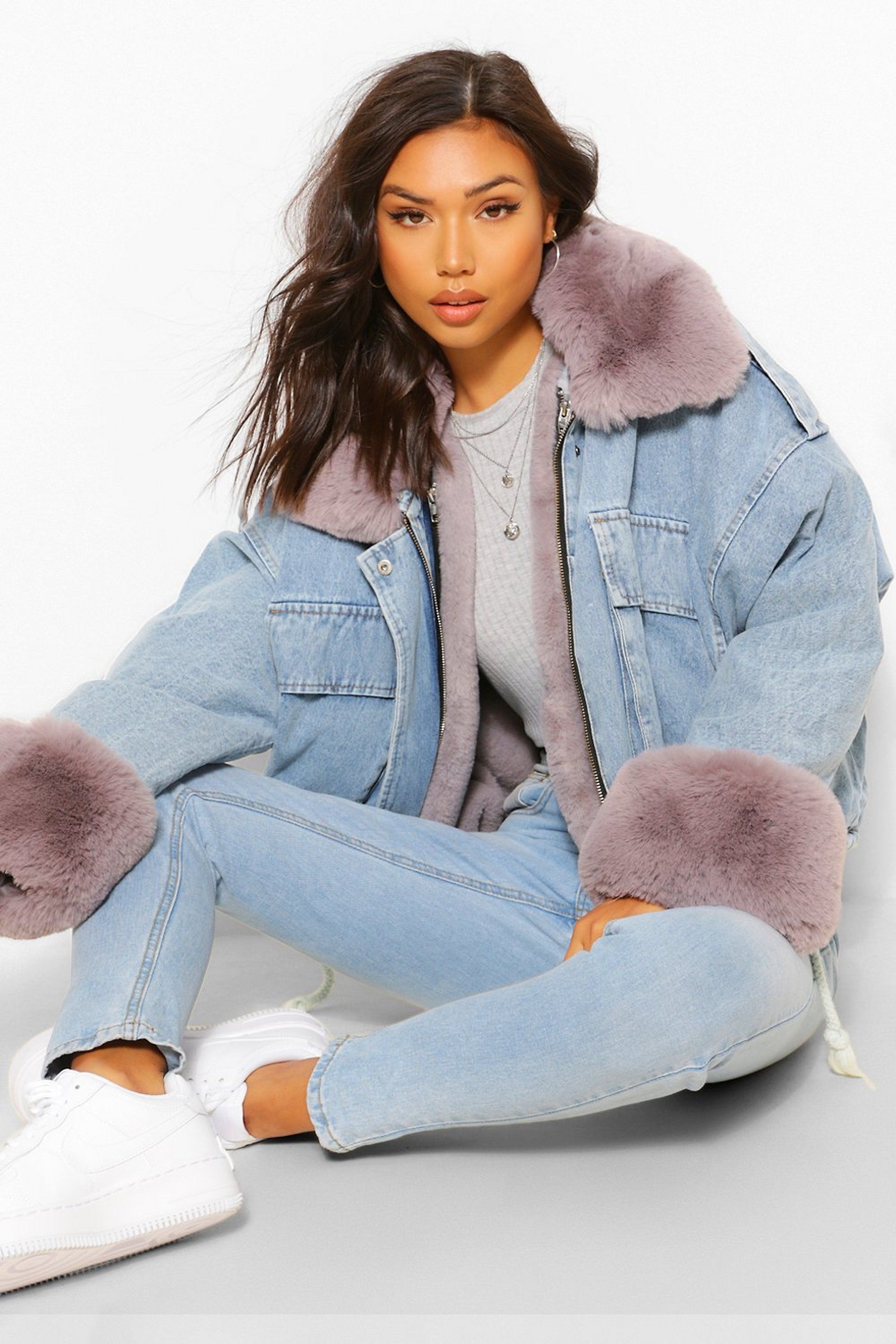 Faur Fur Trim Oversized Denim Jacket | Boohoo.com (US & CA)