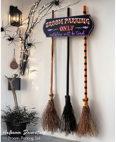 Halloween Decorations - Halloween Decor - Broom Parking Sign with 3 Wooden Witches Brooms - Cute ... | Amazon (US)