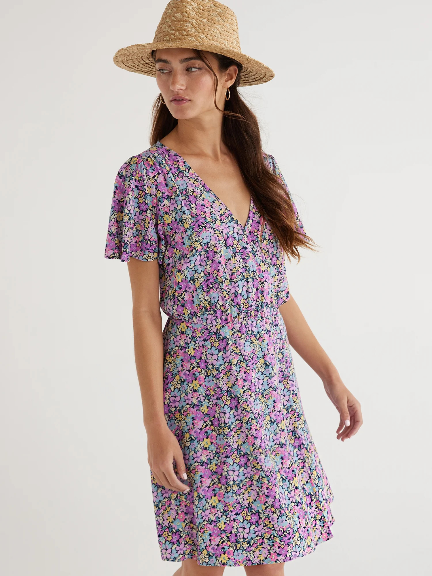 Time and Tru Women's Flutter Sleeve Faux Wrap Dress, Sizes XS-XXXL | Walmart (US)