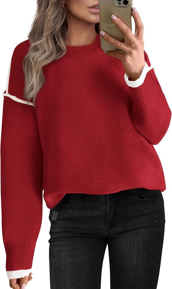 BTFBM Fall Sweaters for Women 2024 Trendy Casual Crew Neck Long Sleeve Loose Ribbed Knit Sweater ... | Amazon (US)