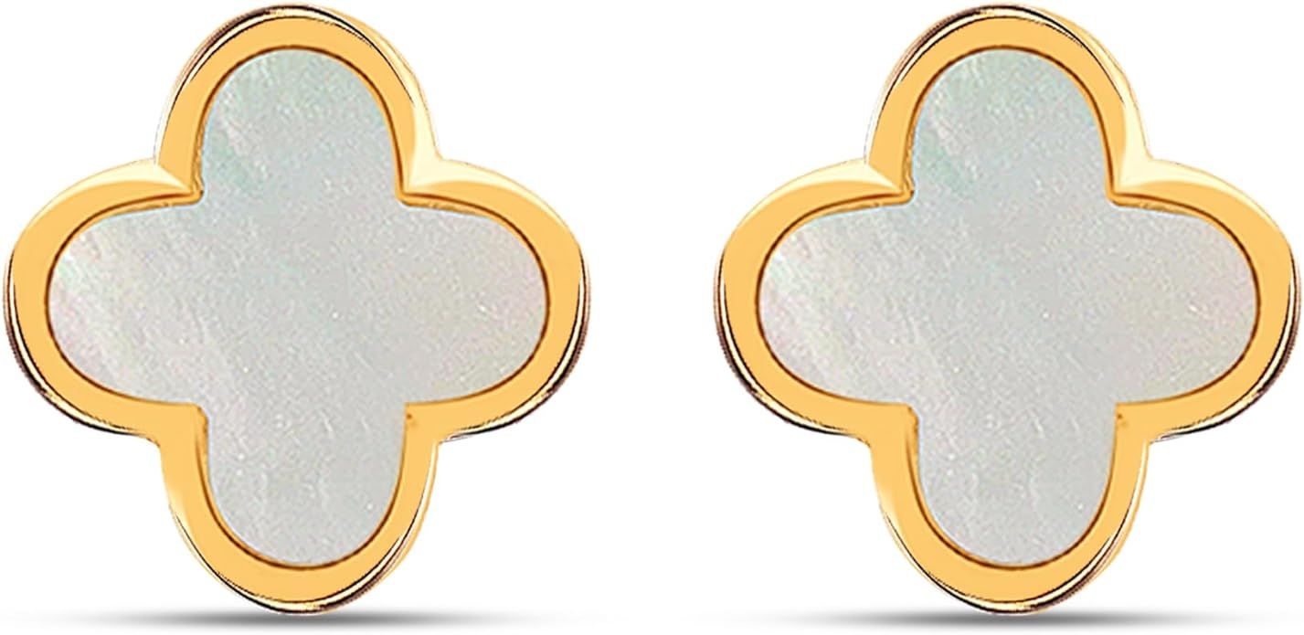 LeCalla 925 Sterling Silver 14K Gold-Plated Mother of Pearl Zirconia Stud Clover Flower Duck Dang... | Amazon (US)