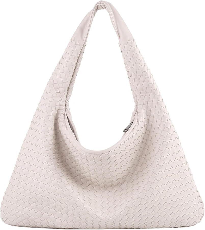 Woven solid color large capacity portable shoulder bag simple casual soft leather shopping bag | Amazon (US)