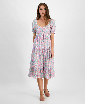 Kingston Grey Juniors' Floral Tiered Puff-Sleeve Midi Dress - Macy's | Macy's