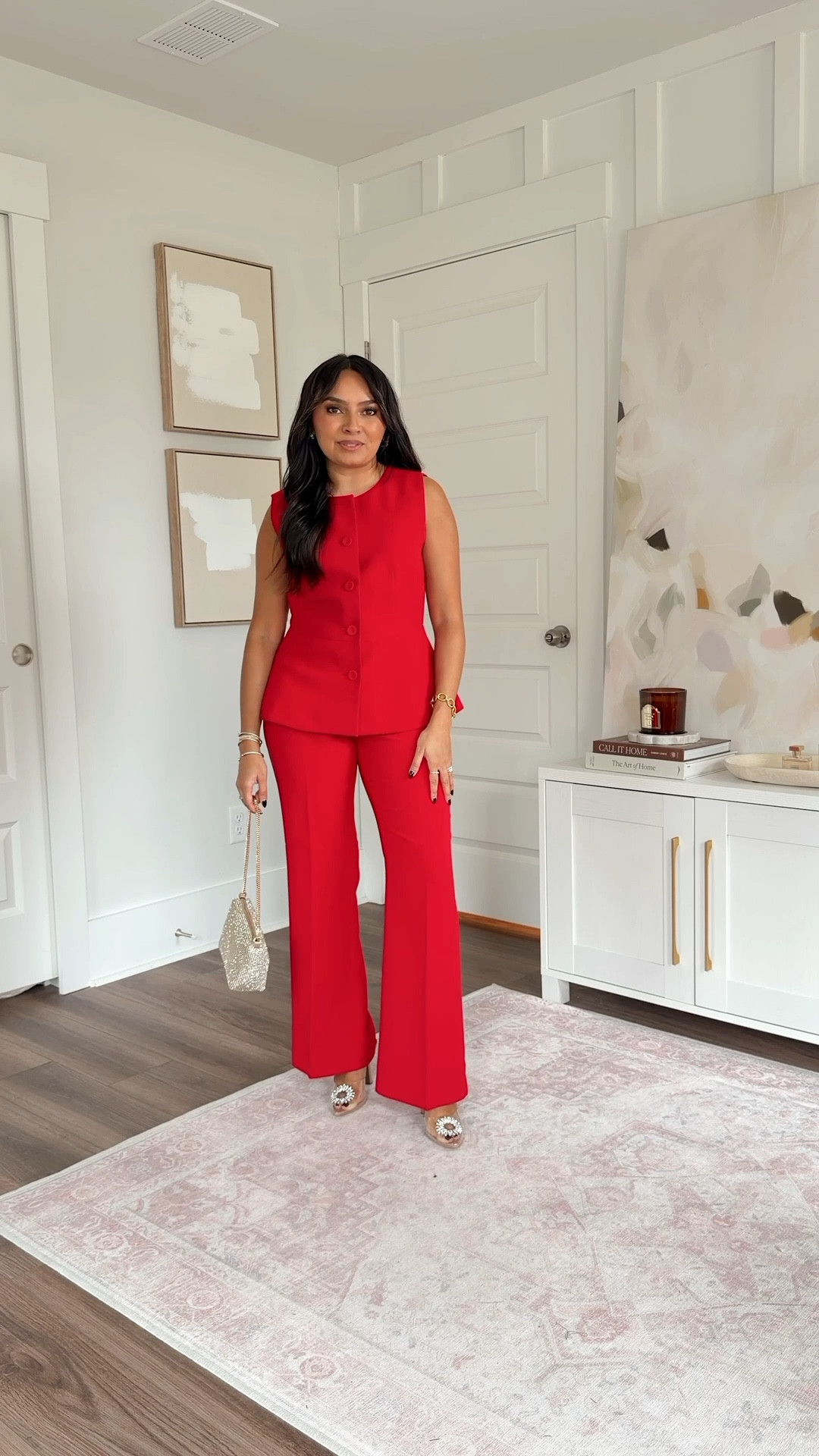 Black velvet blazer size 0 petite 
Red peplum vest size 0 petite TTS
Red pants size 2 petite TTS
Clear rhinestone heels size 5, similar linked



#LTKHoliday #LTKSaleAlert #LTKPetite