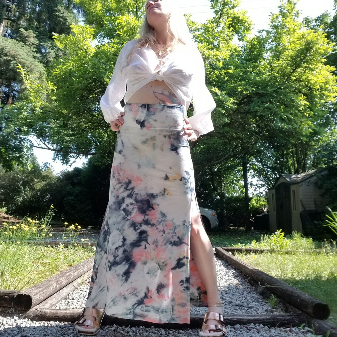WOMAN RISING Eco Double Slit Maxi Skirt Multicolor Shibori Tie Dyed Organic Bamboo Knit Fits M/l,... | Etsy (US)