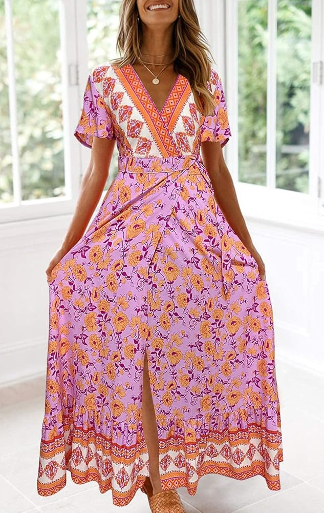 ZESICA Women's Bohemian Floral Printed Wrap V Neck Short Sleeve Split Beach Party Maxi Dress | Amazon (US)