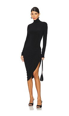 Norma Kamali Long Sleeve Turtleneck Side Drape Dress in Black from Revolve.com | Revolve Clothing (Global)