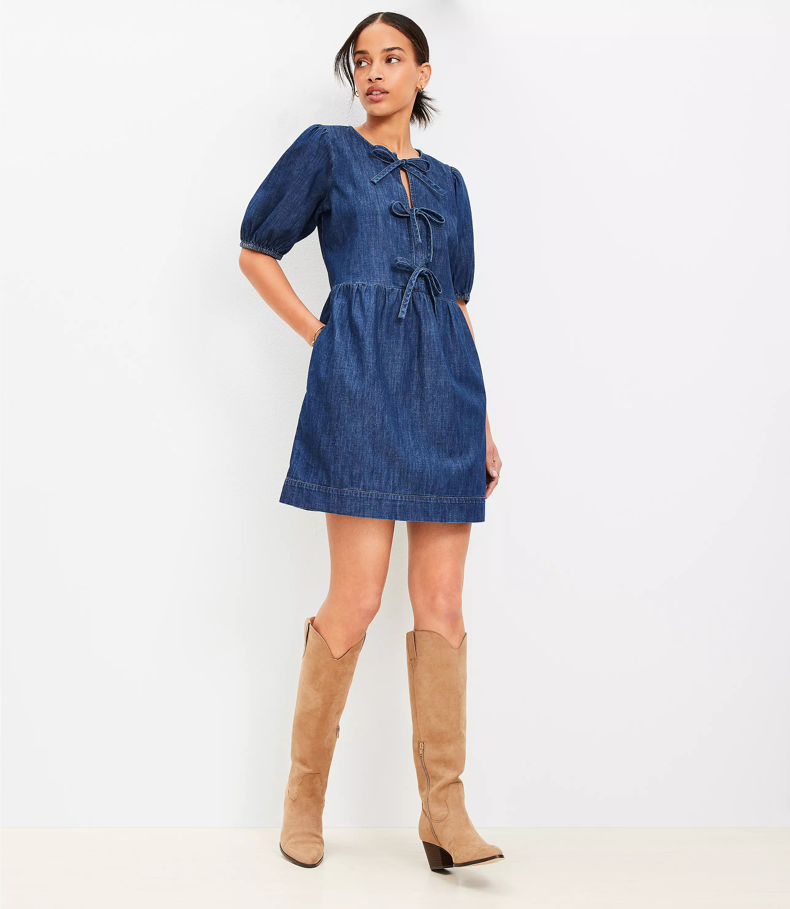 Chambray Bow Mini Pocket Dress | LOFT
