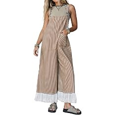 Himosyber Women's Overalls Striped Wide Leg Jumpsuits | Lace Ruffle Hem, Adjustable Straps, Boho ... | Amazon (US)