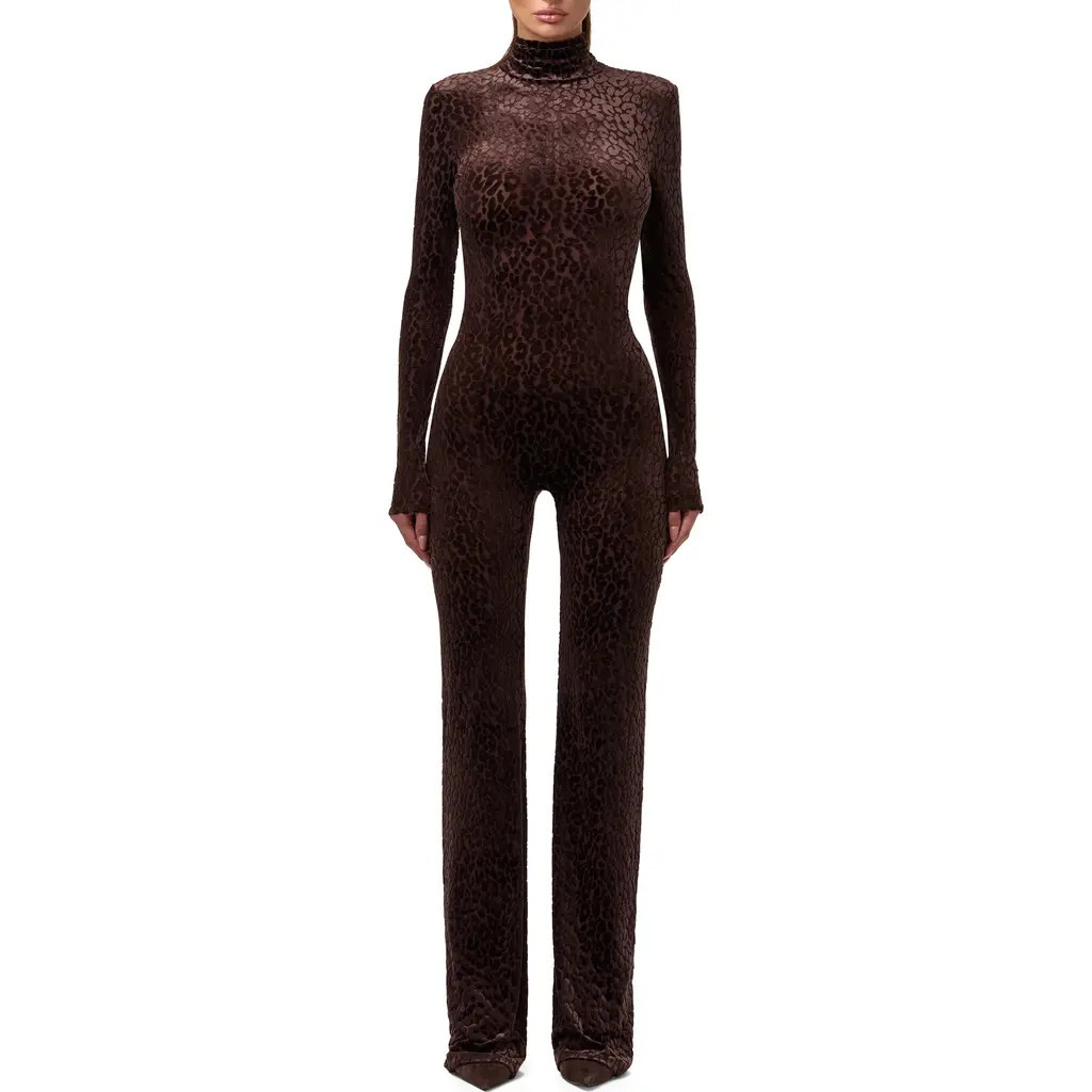 Naked Wardrobe Burnout Long Sleeve Jumpsuit in Leopard Dark Chocolate at Nordstrom, Size X-Large | Nordstrom