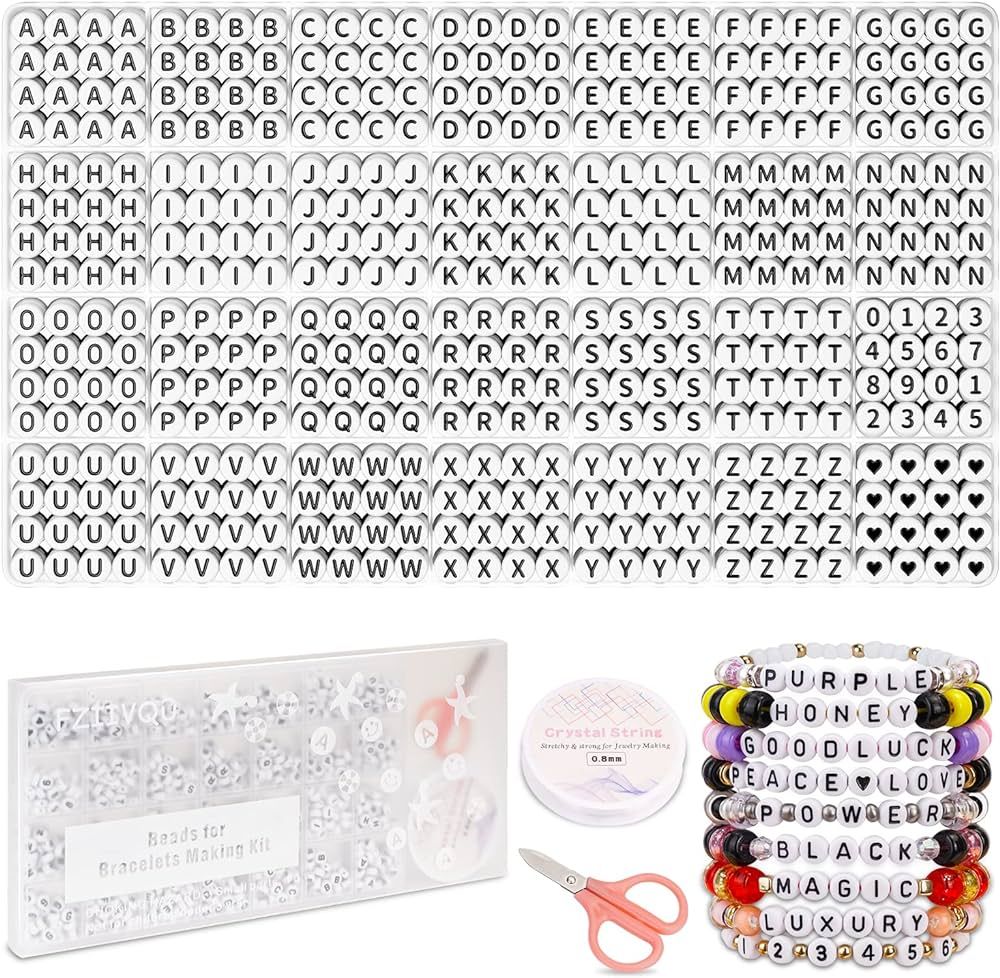 FZIIVQU 1450 Pieces Letter Beads Kit, 4x7 mm White Acrylic Alphabet Beads for Jewelry Making Numb... | Amazon (US)