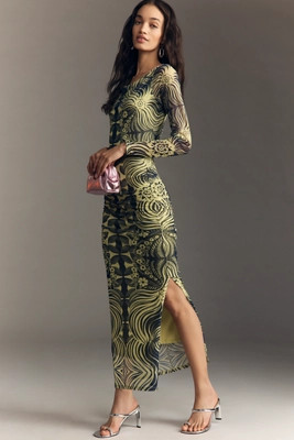 By Anthropologie Long-Sleeve Open-Back Mesh Maxi Dress | Anthropologie (US)