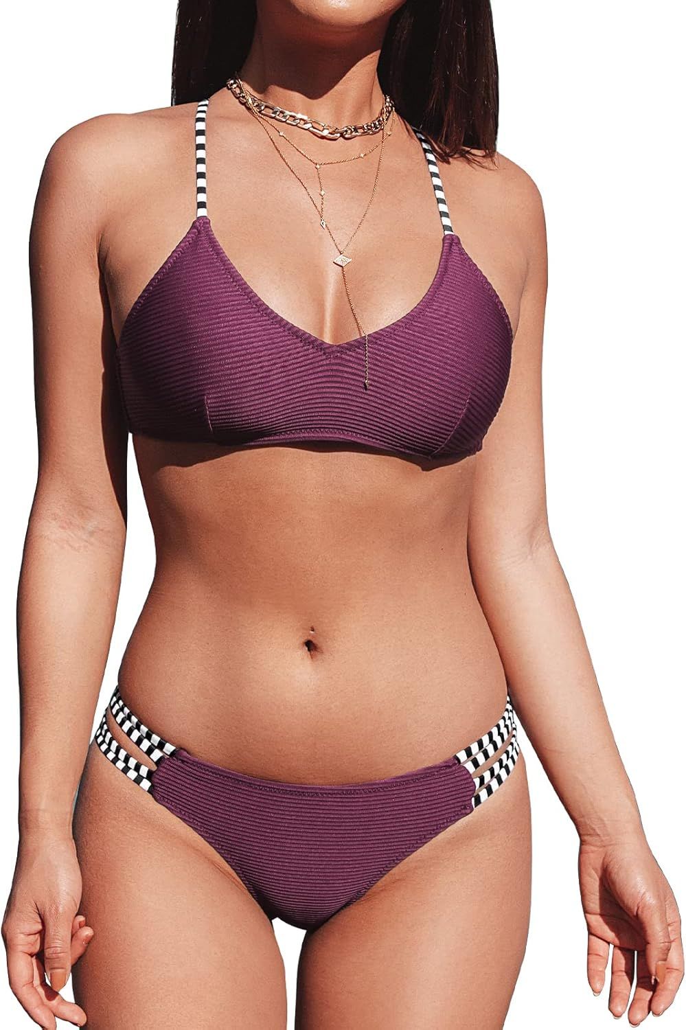 CUPSHE Women's Ribbed Strappy Self Tie Low Waist Bikini Set | Amazon (US)