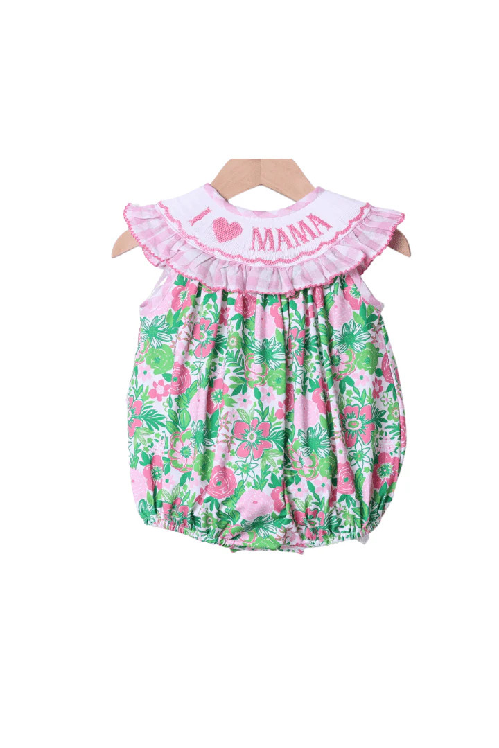 Smocked I Love Mama Pink and Green Floral Bubble | The Smocked Flamingo