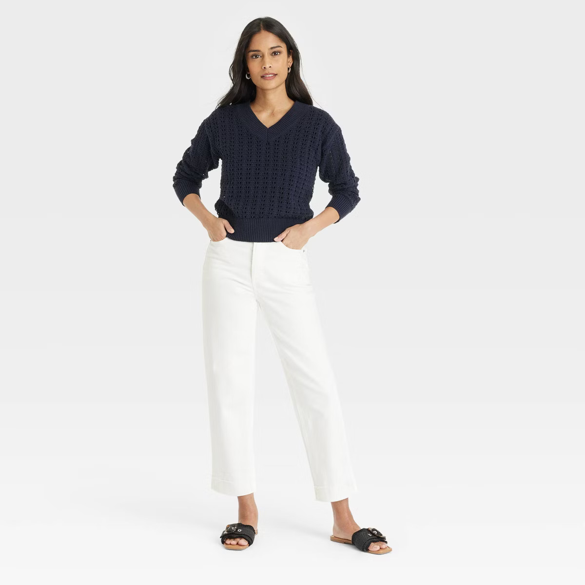 Women's Openwork V-Neck Pullover Sweater - Universal Thread™ | Target