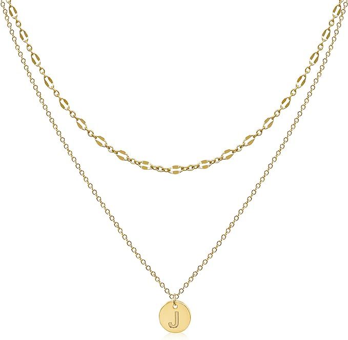 Aisansty Layered Initial Choker Necklace 14K Gold Plated Dainty Lace Chain Necklace Cute Disc Let... | Amazon (US)