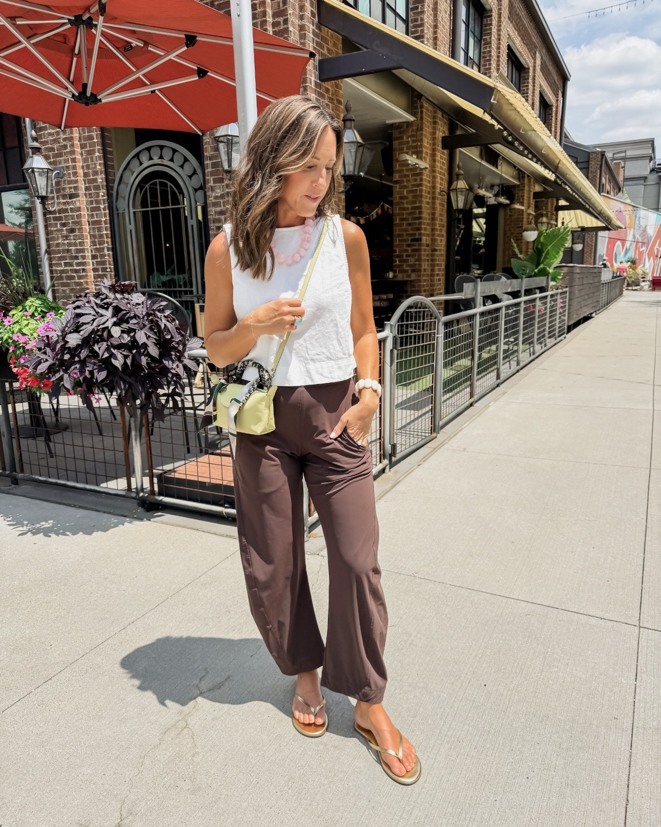 Sunday ootd. A few last minute errands for our trip. 
Pants are 20% off!! Wearing size 2 regular length here. 
XS linen shell top 
Bag color: lime

#LTKootd #LTKmomlife #LTKOver40