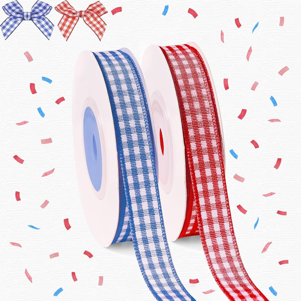 2 Rolls Red White Blue Gingham Ribbon, Patriotic Buffalo Plaid Ribbon Thin Checkered Polyester Fa... | Amazon (US)