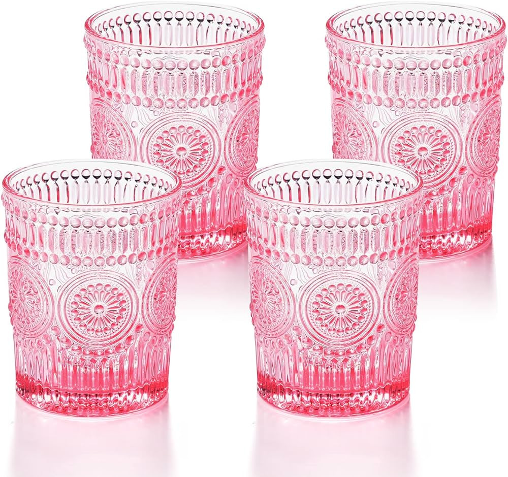 Amazon.com: GLASS SMILE 4 Pack Romantic Water Glasses-10.5 OZ Pink Vintage Drinking Glasses Tumbl... | Amazon (US)