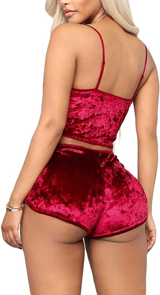 Angsuttc Women's Velvet 2 Piece Outfit Spaghetti Strap Sleeveless Crop Top+ Shorts Set | Amazon (US)