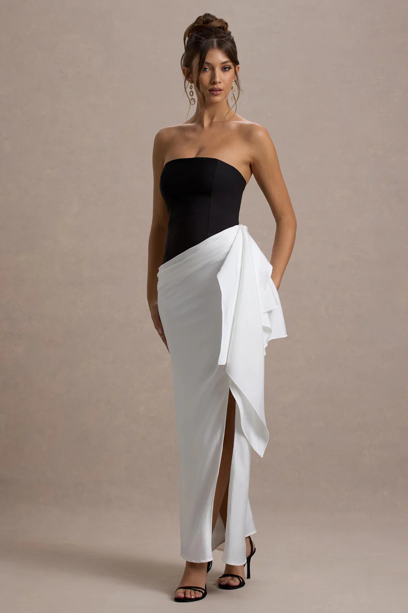 Kalinda | Black And White Strapless Maxi Dress With Draped Skirt | Club L London